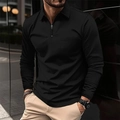 Detail von Herren Langarm-Poloshirt in Schwarz mit Waffelstruktur und Reißverschluss - S / Schwarz