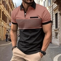 Detail eines Herren-Poloshirts im Color-Block-Design mit roten und schwarzen Streifen - S / Lotusrosa/Schwarz Farbblock