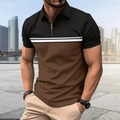Dettaglio di una polo da uomo con design color-block nero e marrone e collo a zip - Taglia S / Caffè