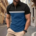 Polo da uomo slim fit a maniche corte con colletto a zip e design a blocchi di colore - Taglia S / Blu jeans