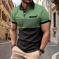 Men's casual short-sleeve polo shirt with green striped color block and buttoned collar - S / Tops / Green