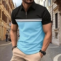 Dettaglio della polo da uomo con colletto a zip e design color block nero e blu - Taglia S / Celeste