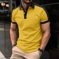 Detail of men's polo shirt featuring contrasting yellow and black panels and collar - S / Gold