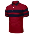 Detail of men's rib-knit polo shirt with contrast navy stripes and button neckline - S / 深红色藏青条纹