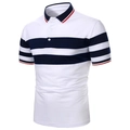 Detail of navy striped collar and white buttoned placket on men's cotton polo shirt - S / White and Navy Blue Stripes