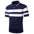 Detailed view of navy polo shirt with white horizontal stripes and red ribbing on the collar - S / Navy Blue Wide Stripes