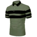 Detailed macro view of olive polo shirt featuring black stripes and ribbed collar with buttons - S / Army Green and Black Stripes