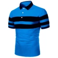 Detail view of royal blue polo shirt featuring black horizontal stripes and buttoned collar - S / Royal Blue and Black Stripes