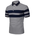 Detail view of men's slim fit polo shirt with navy stripes and buttoned rib collar - S / 灰色藏青条纹