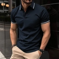Detail view of navy blue polo shirt with white stripe accents and buttoned collar - S / Navy Blue