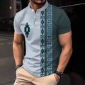 Détail du polo pour hommes avec motifs géométriques et col à boutons de haute qualité - S / Style Imprimé Ethnique à Col Montant / Bleu Clair Ethnique