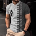 Détail du polo dégradé gris avec col montant et imprimé tribal géométrique - S / Style Imprimé Ethnique à Col Montant / Gris Color-block