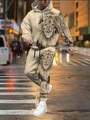 Men's two-piece tracksuit with 3D lion head sketch print, beige hoodie and joggers set - S / Top And Bottom / Beige Lion