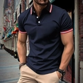 Men's navy blue slim fit polo shirt with red and white striped ribbed collar and cuffs - S / Navy Blue