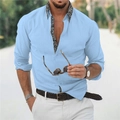 Detailed view of the paisley print collar and cuffs on this light blue linen shirt - S / Light Blue with Black Paisley Style (HJ-F1118)