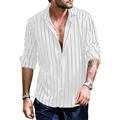 Close-up of white long-sleeved shirt with black vertical stripes and button-down front - S / White Black Fine Striped Style (S9078490 White)