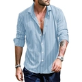 Detail of light blue striped men's long sleeve shirt with white buttons and collar - S / Light Blue White Fine Striped Style (S9078490 Blue)
