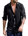 Detail of men's black long-sleeve shirt with white vertical stripes and button closure - S / Black White Fine Striped Style (S9078490 Black)