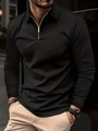 Men's slim fit long sleeve black polo shirt with modern silver zipper collar detail - S / Tops / Black