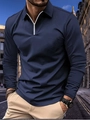Men's casual long sleeve polo shirt in dark blue featuring a white zipper and chest pocket - S / Tops / Navy Blue