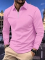 Men's casual long sleeve polo shirt in vibrant pink with silver zipper and ribbed cuffs - S / Tops / Pink