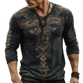 Men's dark charcoal grey long sleeve crewneck T-shirt with vintage tribal graphic prints - 6XL / Tribal Print Grey Blue