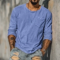Men's retro loose long sleeve T-shirt in washed blue with a pocket and crew neck - 6XL / Washed Blue with Pocket