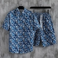 Ensemble chemise hawaïenne et short pour homme avec imprimé feuilles bleues tropicales - S / Bleu Marine Bleu Clair Feuille Blanche (DS+DK-2)