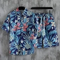 Ensemble hawaïen pour hommes avec chemise à fleurs tropicales et short à cordon assorti - S / Bleu Marine Fleur Rose Blanche (DS+DK-4)