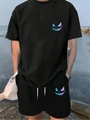 Tuta estiva casual da uomo con stampe colorate 3D a gradiente con volti di mostri - S / Nero (Stampa Sorriso da Mostro)
