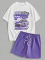 Completo sportivo estivo da uomo con t-shirt bianca racing e pantaloncini viola - S / Set Viola (Top con Stampa Racing + Pantaloncini Viola)