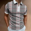 Men's summer short sleeve polo shirt with black and white houndstooth and red stripe pattern - S / Black and White Houndstooth Red Line Plaid (PSLL-231)