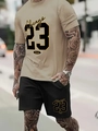 Summer casual sports set featuring khaki Chicago 23 printed T-shirt and black shorts - S / Khaki and Black