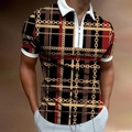 Men's quarter-zip polo shirt with black and red plaid pattern and golden chain print - S / Black Red Brown Plaid Golden Chain Print (PSLL-230)