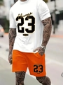 Detail of Chicago 23 printed white T-shirt and orange shorts for sporty street style - S / White + Orange