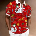 Men's red Christmas Polo shirt featuring reindeer and snowman prints with zipper collar - S / Red Christmas Snowman Reindeer Full Print (PSLL-237)