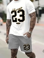 Outdoor shot of white sports t-shirt and grey shorts set with Chicago 23 graphic print - S / White+Grey