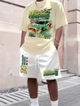 Men's summer casual two-piece set featuring oversized racing graphic T-shirt and white shorts - S / American Racing Print Style / Khaki + White