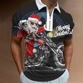 Men's black zip polo shirt featuring vintage Santa riding an American motorcycle print - S / Black Christmas Santa Locomotive Theme Print (PSLL-234)