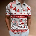 Men's white Christmas polo shirt with gnome prints and quarter-zip collar closure - S / White Christmas Gnomes Snowflakes Print (PSLL-235)