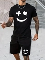 Men's black summer tracksuit with white graffiti smile print and urban streetwear style - S / Black