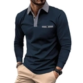 Men's navy long sleeve polo shirt with black and white houndstooth collar and pocket detail - S / Tops / Navy Blue (Houndstooth Splicing)