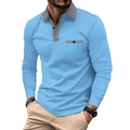 Men's light blue long sleeve polo shirt with classic black and white plaid collar detail - S / Tops / Light Blue (Houndstooth Splicing)