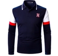 Detail of navy long sleeve polo shirt with red and white color-block sleeves and H embroidery - S / Tops / Dark Blue (Red-White-Blue H Logo)