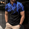 Polo da uomo con stampa a fiamme blu su tessuto nero e colletto classico sportivo - S / Blu