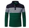 Detail of color-block long sleeve polo shirt with stripe pattern and triple button placket - S / Tops / Color Block (Blue/White/Green Stripes with Eagle Logo)