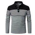 Close-up of color-blocked long sleeve Polo shirt with black and white striped chest detail - S / Tops / Color Block (Black/White/Grey Horizontal Stripes)