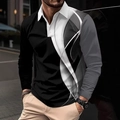 Detail shot of long-sleeve polo shirt with geometric patchwork and wave patterns - 4XL / Tops / Black, White and Grey Fluid Lines (OK234-Black)