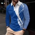 Detail of blue and white long-sleeved polo shirt with abstract graphics and lapel - 4XL / Tops / Blue and White Fluid Lines (OK234-Blue)