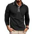 Close-up of black long-sleeve polo shirt featuring white contrast trim and chest pocket detail - 4XL / Tops / Black (OK236)